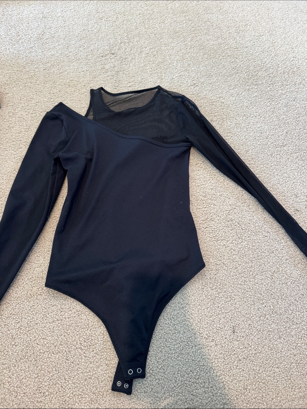 Black Long-Sleeve Mesh Accent One-Piece Bodysuit